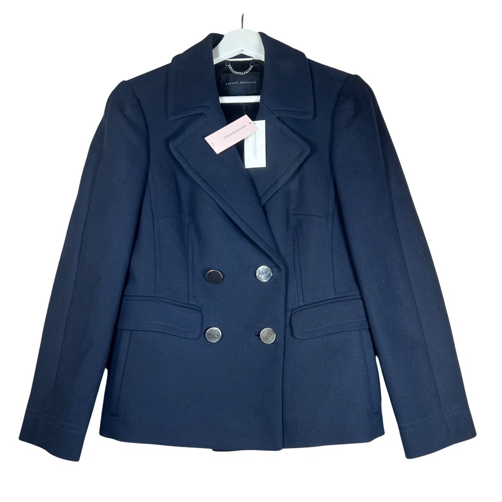Banana Republic Navy Blue Double Breasted Blazer Silver Button Petite M NWT